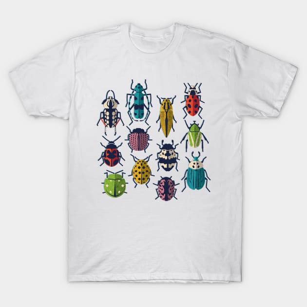 These don't bug me // spot // white background green yellow neon red orange pink blue and black and ivory retro paper cut beetles and insects T-Shirt by SelmaCardoso